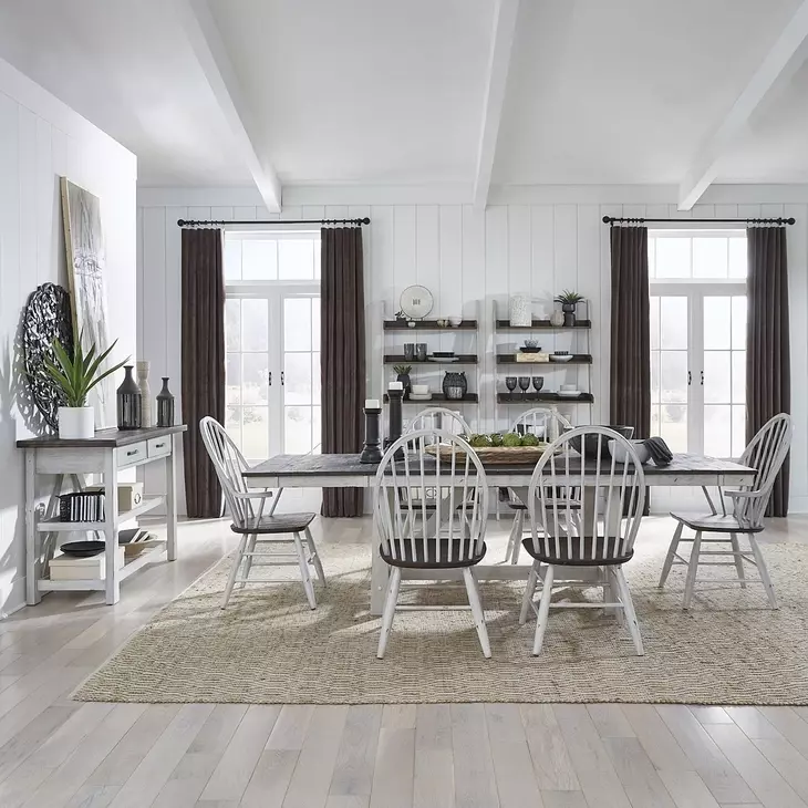 Farmhouse White and Brown 7 Piece Extendable Trestle Base Dining Set