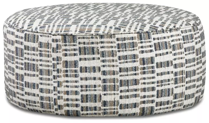 Universal Denim Beige and Blue Upholstered Round Cocktail Ottoman