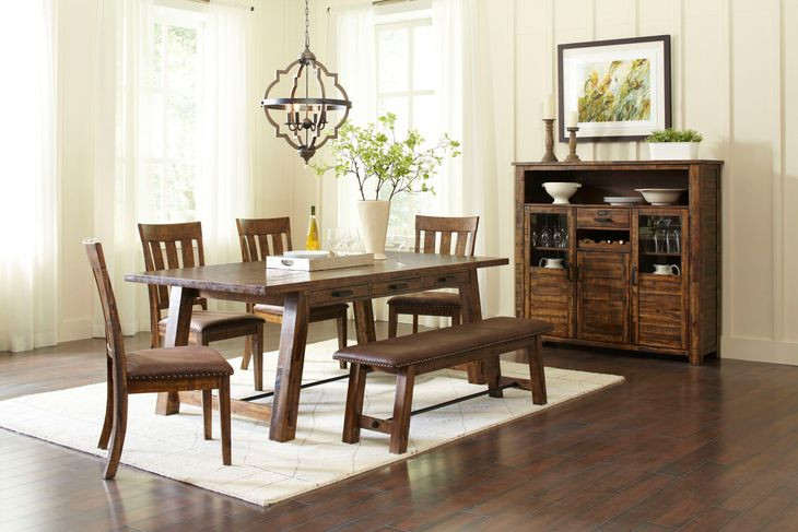 Cannon Valley Medium Brown Upholstered 5 Piece Dining Set with Bench and Nailhead Trim