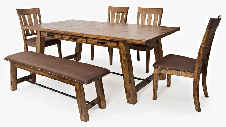 Cannon Valley Medium Brown Upholstered 5 Piece Dining Set with Bench and Nailhead Trim