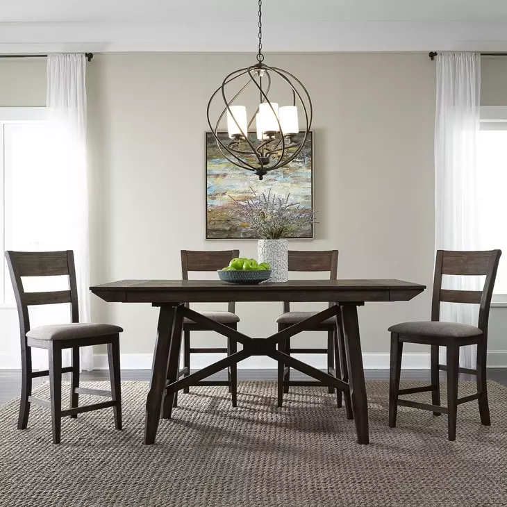 Oak Crossing Dark Chestnut and Gray Upholstered 5 Piece Extendable Gathering Dining Set