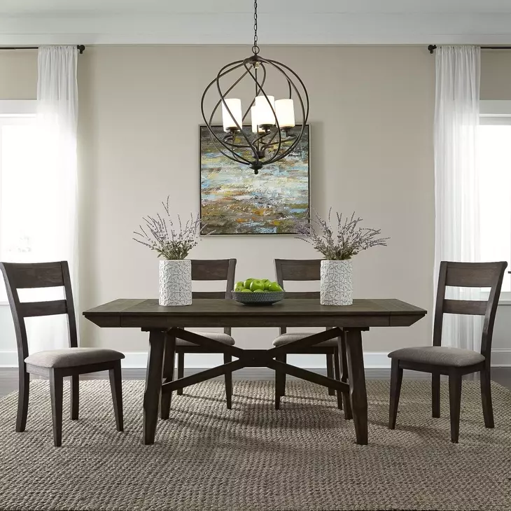 Oak Crossing Dark Chestnut and Gray Upholstered 5 Piece Extendable Trestle Base Dining Set