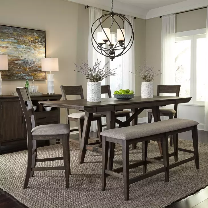 Oak Crossing Dark Chestnut and Gray Upholstered 6 Piece Extendable Gathering Dining Set