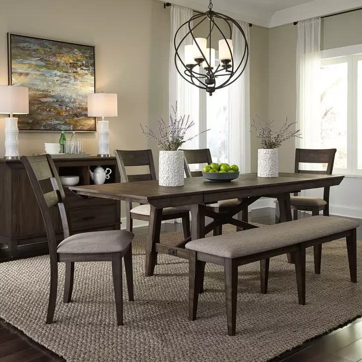 Oak Crossing Dark Chestnut and Gray Upholstered 6 Piece Extendable Trestle Base Dining Set