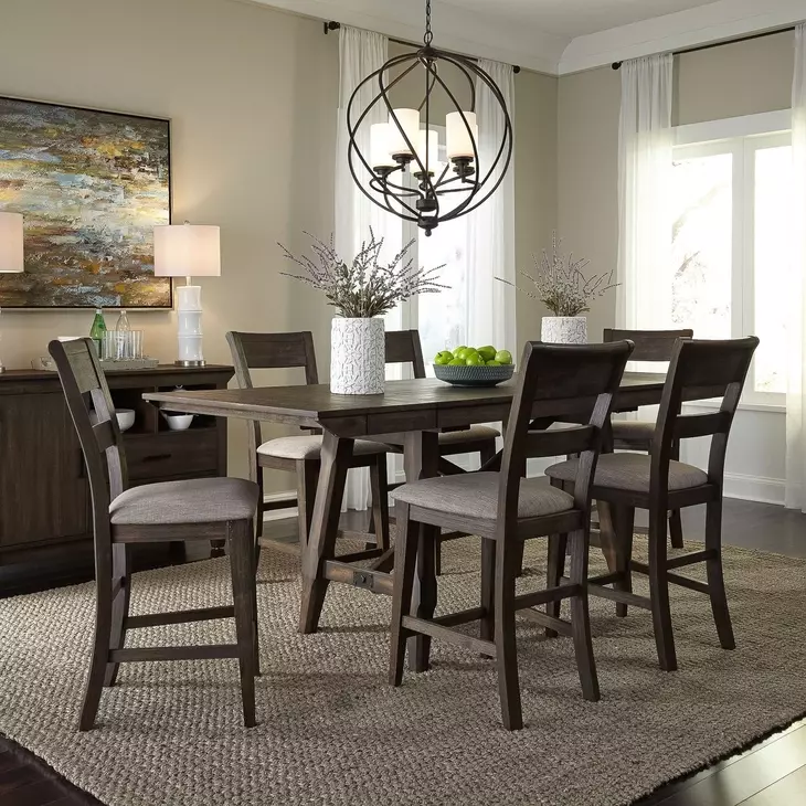 Oak Crossing Dark Chestnut and Gray Upholstered 7 Piece Extendable Gathering Dining Set