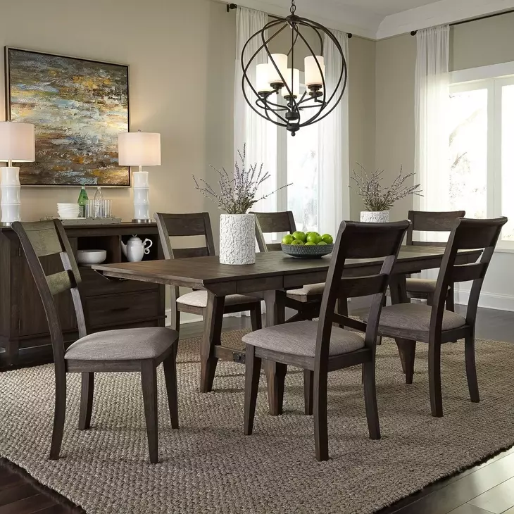 Oak Crossing Dark Chestnut and Gray Upholstered 7 Piece Extendable Trestle Base Dining Set