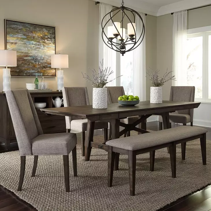 Oak Crossing Dark Chestnut and Gray 6 Piece Extendable Trestle Base Dining Set