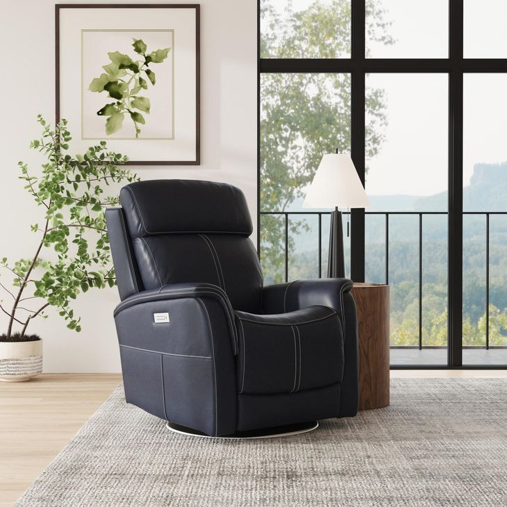 View Blue Leather Swivel Power Recliner With Power Headrest And Lumbar