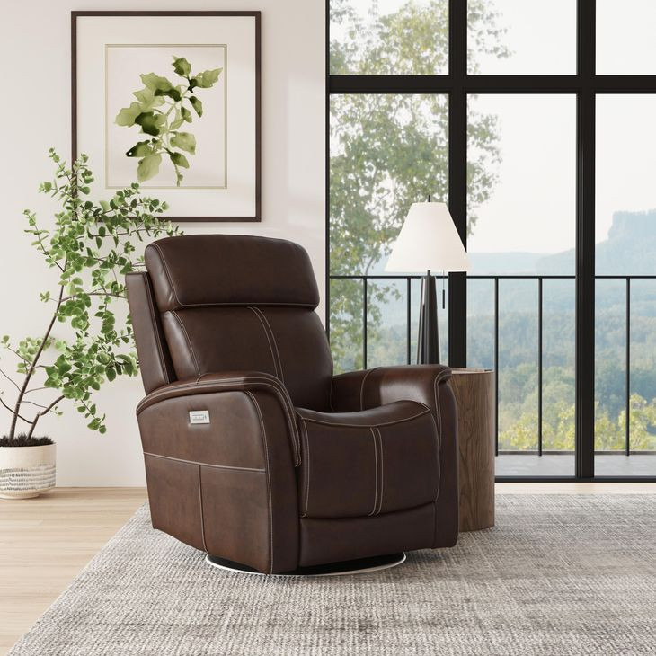 View Dark Blue Leather Swivel Power Recliner with Power Lumbar and USB Charging