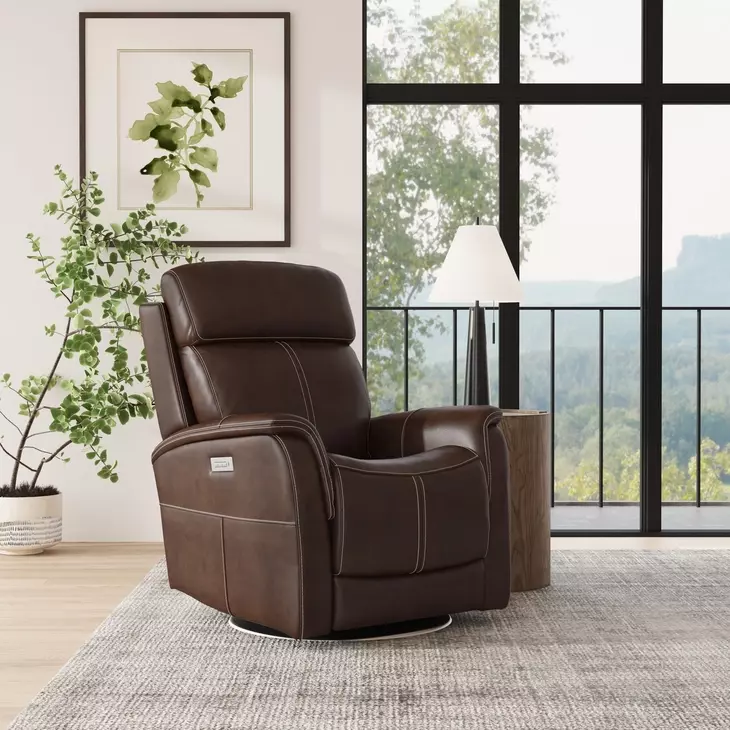 View Dark Blue Leather Swivel Power Recliner with Power Lumbar and USB Charging