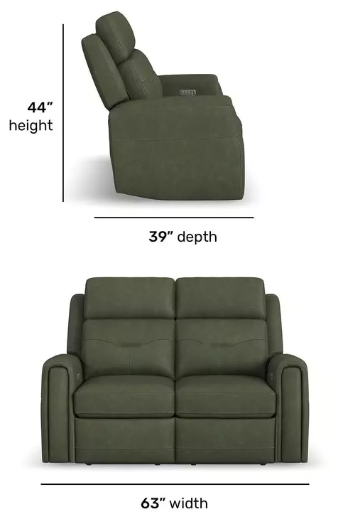 Felix Green Leather 63" Zero Gravity Triple Power Reclining Loveseat with USB Charging and Heat Massage