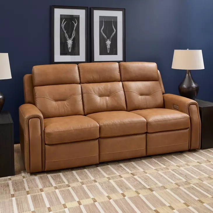 Felix Toasted Almond Leather 86" Zero Gravity Triple Power Reclining Sofa with USB Charging and Heat Massage