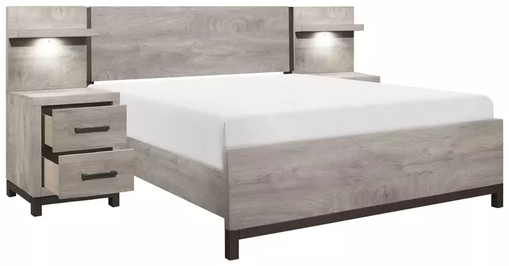 Zephyr Light Gray California King Storage Wall Bed with Nightstand and LED Lighting
