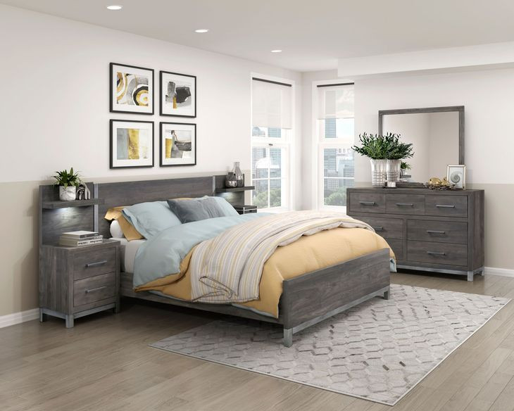 Zephyr Brownish Gray Storage Wall Bedroom Set with Nightstand and LED Lighting