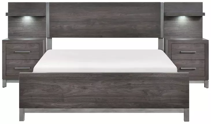 Zephyr Brownish Gray Queen Storage Wall Bed with Nightstand and LED Lighting