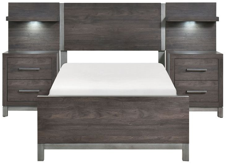 Zephyr Brownish Gray Storage Youth Wall Bedroom Set with Nightstand and LED Lighting