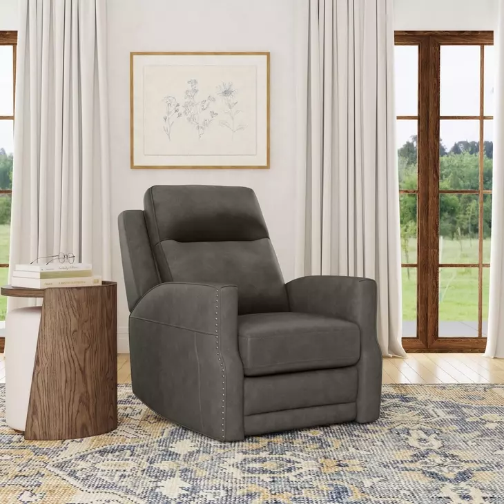Maxwell Cinder Gray Leather Power Gliding Recliner with USB Charging and Nailhead Trim
