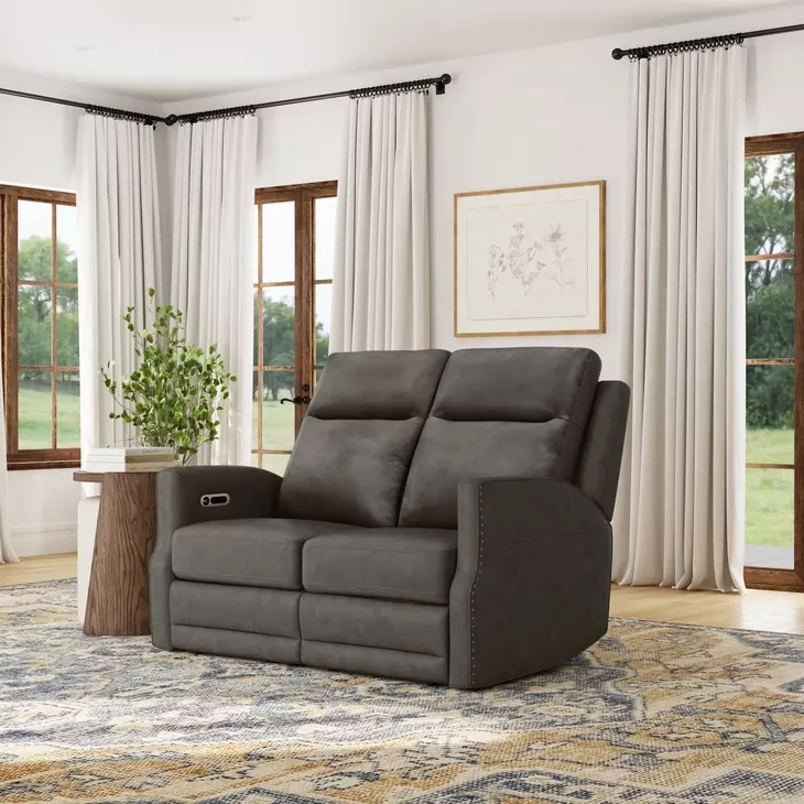 Maxwell Cinder Gray Leather 56" Zero Gravity Triple Power Reclining Loveseat with USB Charging and Nailhead Trim