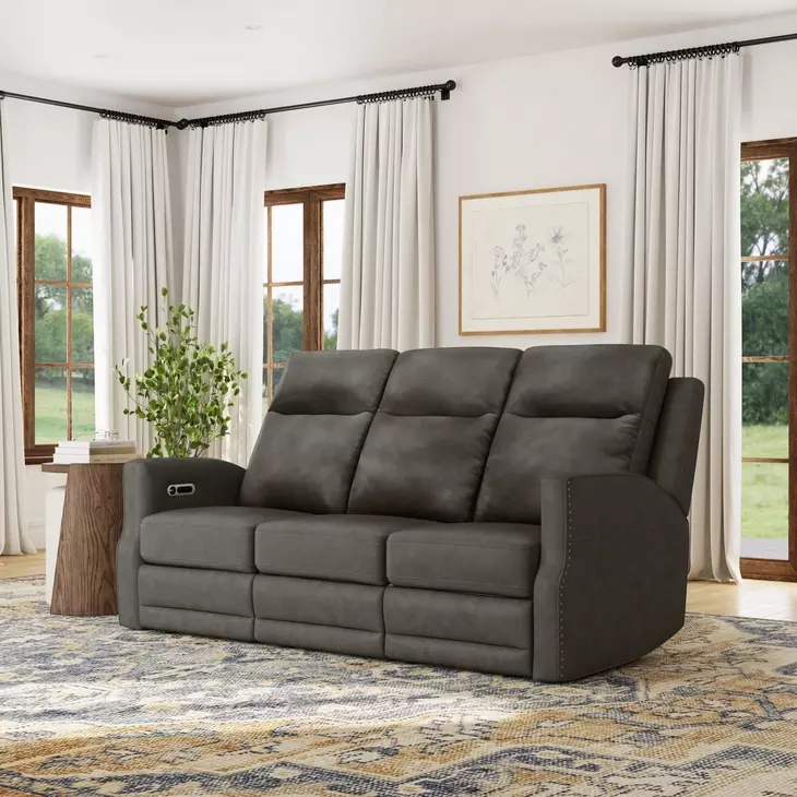 Maxwell Cinder Gray Leather 79" Zero Gravity Triple Power Reclining Sofa with USB Charging and Nailhead Trim