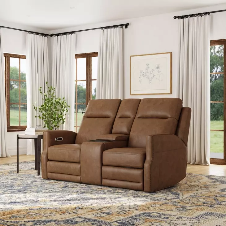 Maxwell Cedar Brown Leather 69" Zero Gravity Triple Power Reclining Loveseat with USB Charging and Nailhead Trim