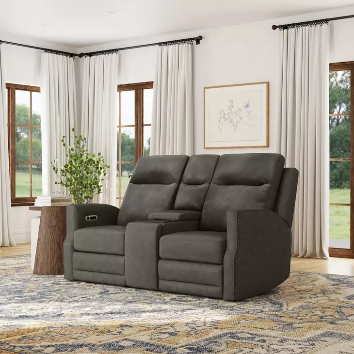 Maxwell Cinder Gray Leather 69" Zero Gravity Triple Power Reclining Loveseat with USB Charging and Nailhead Trim