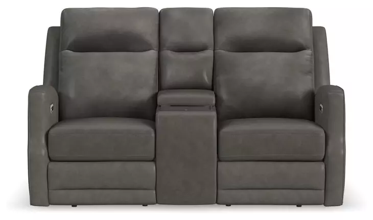 Maxwell Cinder Gray Leather 69" Zero Gravity Triple Power Reclining Loveseat with USB Charging and Nailhead Trim