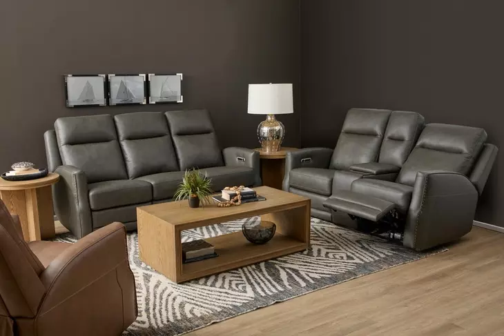 Maxwell Cinder Gray Leather 69" Zero Gravity Triple Power Reclining Loveseat with USB Charging and Nailhead Trim