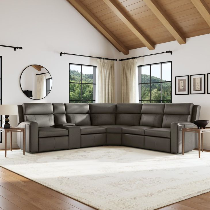 Wyatt Gunmetal Gray Leather 6 Piece Modular Zero Gravity Power Reclining Sectional with Power Lumbar and USB Charging