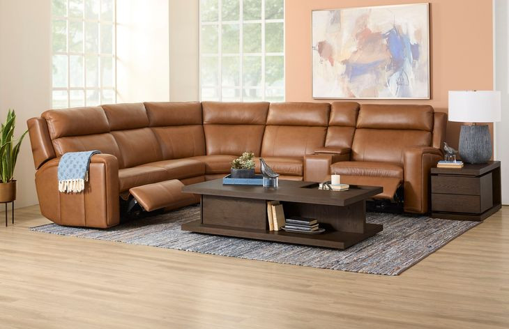 Wyatt Canyon Brown Leather 6 Piece Modular Zero Gravity Power Reclining Sectional with Power Lumbar and USB Charging