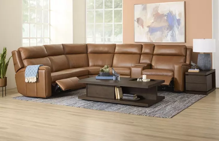 Wyatt Canyon Brown Leather 6 Piece Modular Zero Gravity Power Reclining Sectional with Power Lumbar and USB Charging
