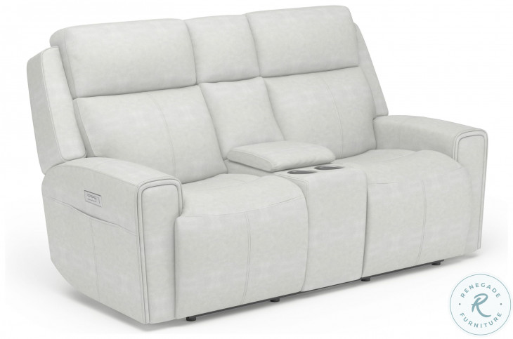 Barnett Cream Leather Power Reclining Console Loveseat With Power Headrest And Lumbar