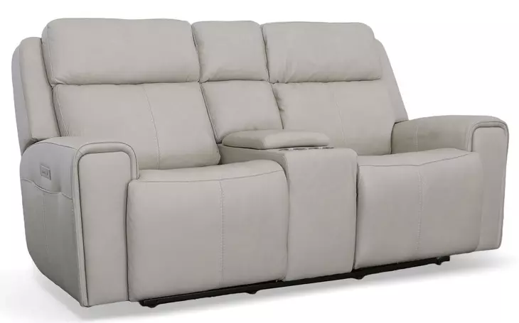 Barnett Cream Leather Power Reclining Console Loveseat With Power Headrest And Lumbar