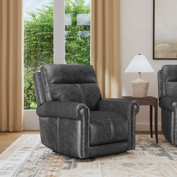 Alexander Weathered Stone Gray Leather Zero Gravity Triple Power Recliner with USB Charging and Nailhead Trim
