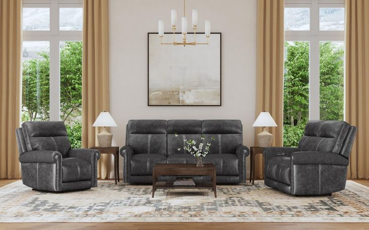 Alexander Weathered Stone Gray Leather Zero Gravity Triple Power Recliner with USB Charging and Nailhead Trim