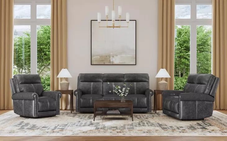 Alexander Weathered Stone Gray Leather Zero Gravity Triple Power Recliner with USB Charging and Nailhead Trim