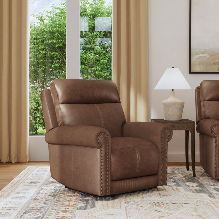 Alexander Weathered Khaki Brown Leather Zero Gravity Triple Power Recliner with USB Charging and Nailhead Trim