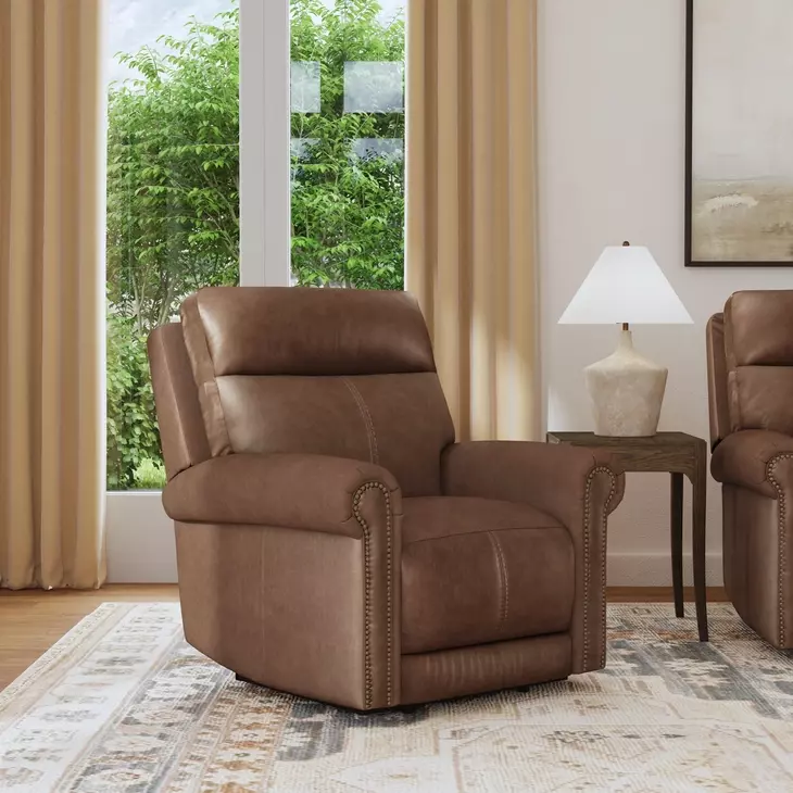 Alexander Weathered Khaki Brown Leather Zero Gravity Triple Power Recliner with USB Charging and Nailhead Trim