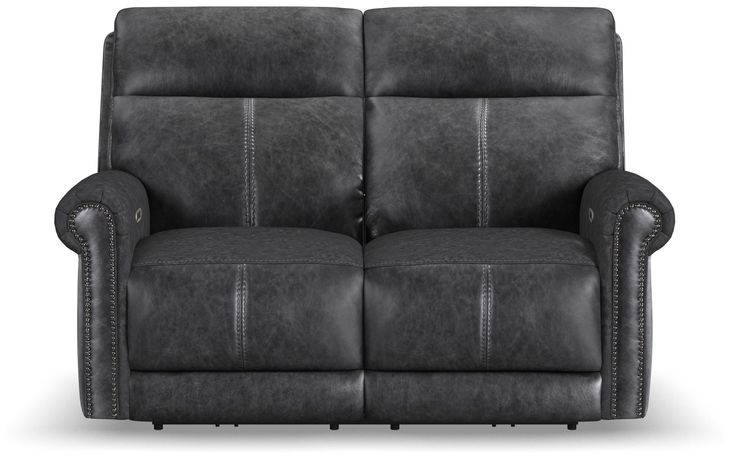 Alexander Weathered Stone Gray Leather 64" Zero Gravity Triple Power Reclining Loveseat with USB Charging and Nailhead Trim