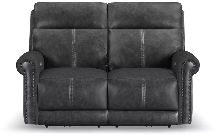 Alexander Weathered Stone Gray Leather 64" Zero Gravity Triple Power Reclining Loveseat with USB Charging and Nailhead Trim
