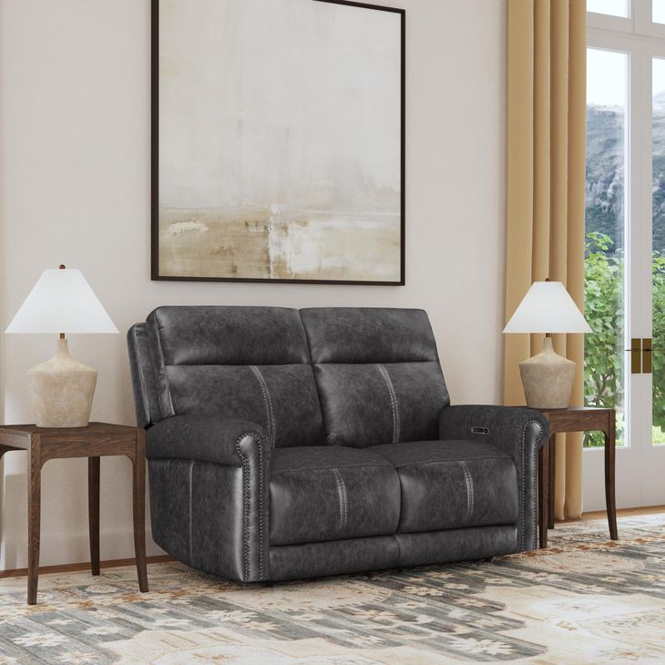 Alexander Weathered Stone Gray Leather 64" Zero Gravity Triple Power Reclining Loveseat with USB Charging and Nailhead Trim