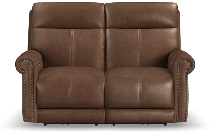 Alexander Weathered Khaki Brown Leather 64" Zero Gravity Triple Power Reclining Loveseat with USB Charging and Nailhead Trim