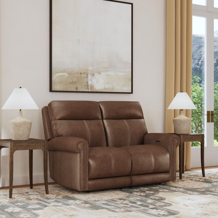 Alexander Weathered Khaki Brown Leather 64" Zero Gravity Triple Power Reclining Loveseat with USB Charging and Nailhead Trim