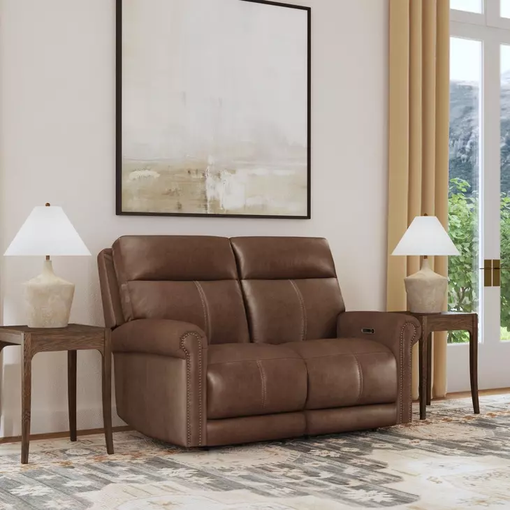 Alexander Weathered Khaki Brown Leather 64" Zero Gravity Triple Power Reclining Loveseat with USB Charging and Nailhead Trim