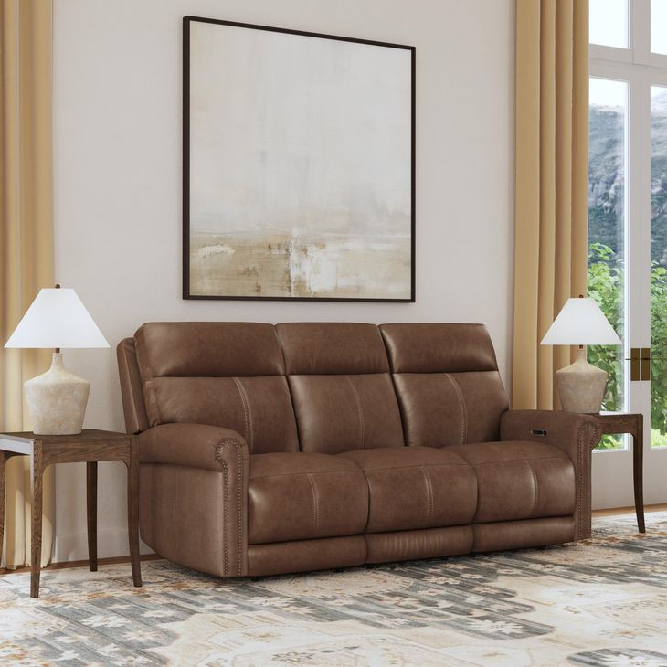 Alexander Weathered Khaki Brown Leather 87" Zero Gravity Triple Power Reclining Sofa with USB Charging and Nailhead Trim