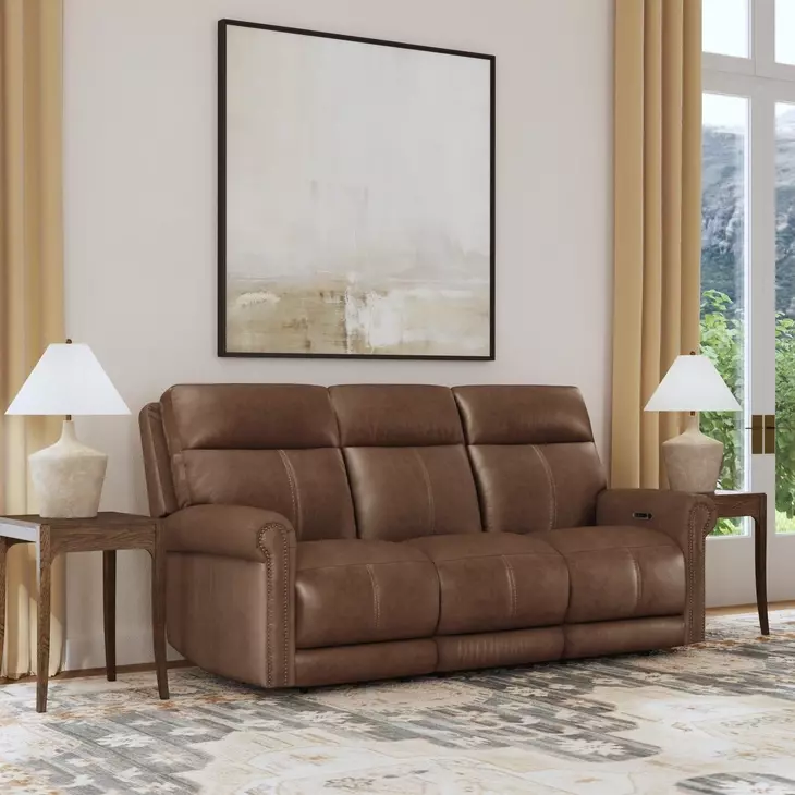 Alexander Weathered Khaki Brown Leather 87" Zero Gravity Triple Power Reclining Sofa with USB Charging and Nailhead Trim