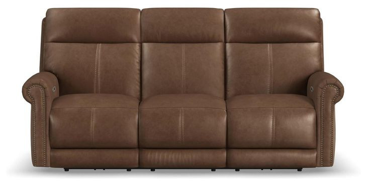 Alexander Weathered Khaki Brown Leather 87" Zero Gravity Triple Power Reclining Sofa with USB Charging and Nailhead Trim