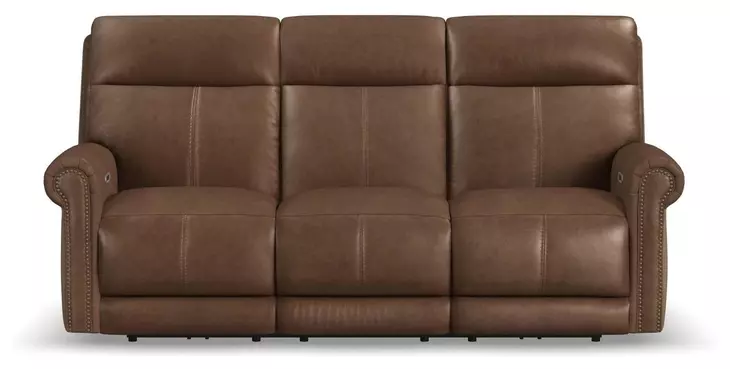 Alexander Weathered Khaki Brown Leather 87" Zero Gravity Triple Power Reclining Sofa with USB Charging and Nailhead Trim