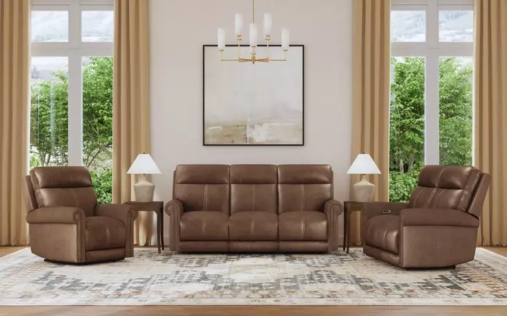 Alexander Weathered Khaki Brown Leather Zero Gravity Triple Power Reclining Living Room Set
