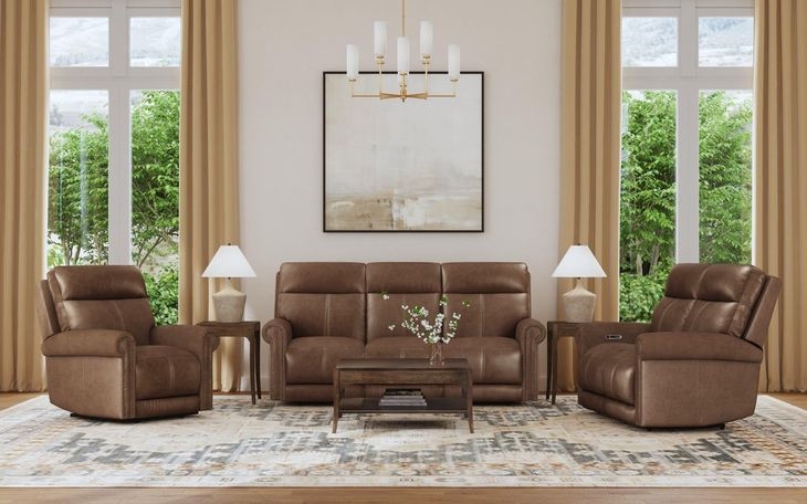 Alexander Weathered Khaki Brown Leather 87" Zero Gravity Triple Power Reclining Sofa with USB Charging and Nailhead Trim