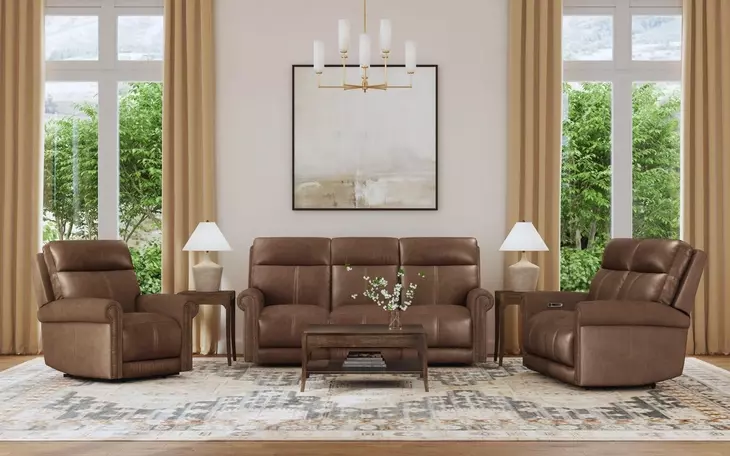 Alexander Weathered Khaki Brown Leather Zero Gravity Triple Power Reclining Living Room Set